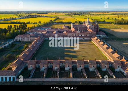 Aerial view of the monastery of Certosa di Pavia at sunset. Certosa di Pavia, Pavia district, Lombardy, Italy, Europe. Stock Photo