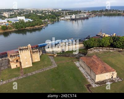 North America, Caribbean, Greater Antilles, Hispaniola Island, Dominican Republic, Santo Domingo, Zona Colonial, aerial view of Fortaleza Ozama in Zona Colonial Stock Photo