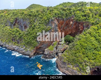 North America, Caribbean, Greater Antilles, Hispaniola Island, Dominican Republic, Sama, Las Galeras, Cabo Cabrón, aerial view of wild coast at Cabo Cabrón Stock Photo