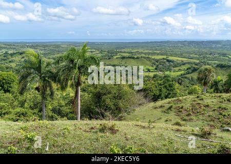North America, Caribbean, Greater Antilles, Hispaniola Island, Dominican Republic, Puerto Plata Province, Tubagua, view over the flat hinterland towards the north coast Stock Photo