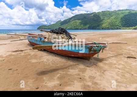North America, Caribbean, Greater Antilles, Hispaniola Island, Dominican Republic, Sama, El Valle, Colorful fishing boat on beach Playa El Valle Stock Photo