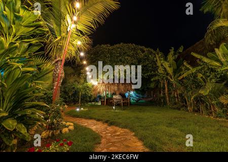 North America, Caribbean, Greater Antilles, Hispaniola Island, Dominican Republic, Sama, Las Galeras, Eco Hotel Chalet Tropical by night Stock Photo