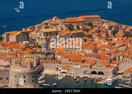DUBROVNIK, CROATIA, EUROPE - Aerial view of the walled fortress city of Dubrovnik on the Dalmation coast. Stock Photo