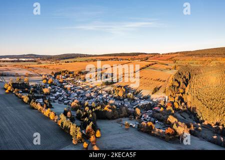 Germany, Thuringia, Großbreitenbach in background, Friedersdorf, fields, forest, mountains, aerial view, morning light Stock Photo