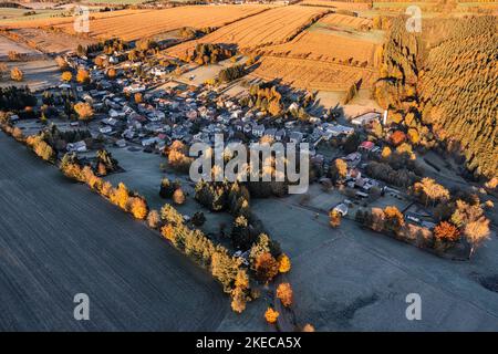 Germany, Thuringia, Großbreitenbach in background, Friedersdorf, fields, forest, mountains, oblique view, aerial view, morning light Stock Photo