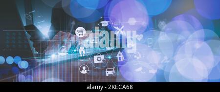 Businessman holding Shield with padlock in hand on global networking connection, Data protection and network security, insurance business, internet fi Stock Photo