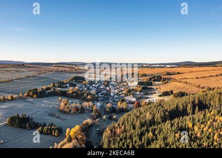 Germany, Thuringia, Großbreitenbach in background, Friedersdorf, fields, forest, aerial photo, morning light Stock Photo