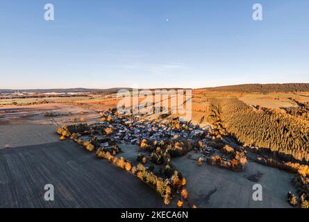 Germany, Thuringia, Großbreitenbach in background, Friedersdorf, fields, forest, mountains, aerial view, morning light Stock Photo