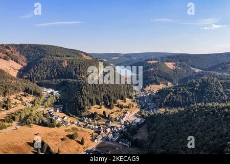 Germany, Thuringia, Goldisthal, village, dam, dam wall, largest pumped storage power plant in Germany, forest, mountains, valleys, overview, overview, aerial photo Stock Photo