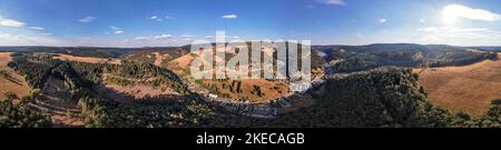 Germany, Thuringia, Goldisthal, village, dam, dam wall, largest pumped storage power plant in Germany, forest, mountains, valleys, sun, overview, partly backlight, aerial photo, 36ö° panorama Stock Photo