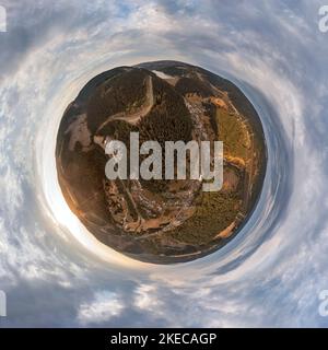 Germany, Thuringia, Goldisthal, village, road, factory building, dam, dam wall, largest pumped storage power plant in Germany, forest, mountains, railroad high speed line in background, railroad bridges in background, overview, power lines, partly backlight, overview, aerial photo, spherical panorama Stock Photo