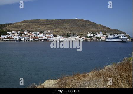 Landscape with scenic view of Korissia port and town in Kea island, Cyclades Greece. Stock Photo