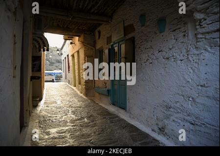 Landscape with scenic view of old traditional rural architecture on the narrow alleys of Ioulida the capital of Kea island in Greece. Stock Photo