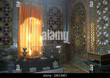 Shatranja (old form of chess) Room, Sitorai Mokhi Khosa (Palace of Moon-Like Stars), Bukhara, Bukhara Province, Uzbekistan, Central Asia Stock Photo