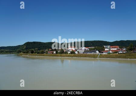 Germany, Bavaria, Upper Bavaria, Altötting county, Marktl am Inn, town view, Inn river Stock Photo