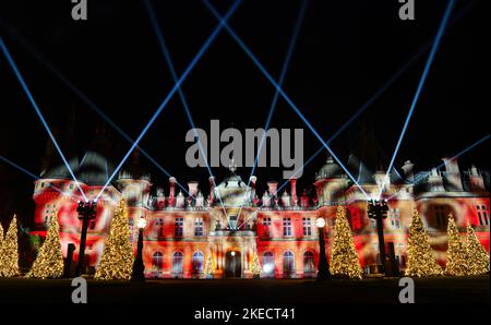 A light display on the front of Waddesdon Manor during a photo call for 'Christmas at Waddesdon Manor', in Aylesbury, Buckinghamshire, which will include lights and music at the manor and gardensPicture date: Friday November 11, 2022. Stock Photo