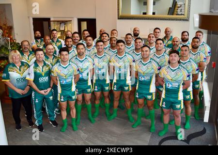 Cook Islands Rugby League World Cup 2021 squad. Pictured at their base camp at Rockliffe Hall, Darlington, UK. Stock Photo