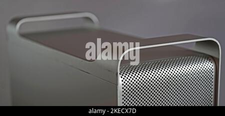 The handles on the case of a vintage mac power computer. It is a very stable aluminum housing. Stock Photo
