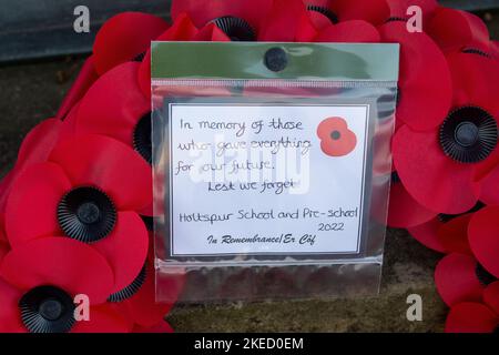 Beaconsfield, Buckinghamshire, UK. 11th November, 2022. Memorial wreaths and crosses laid at the War Memorial in Beaconsfield for Remembrance Day and Remembrance Sunday. Credit: Maureen McLean/Alamy Live News Stock Photo