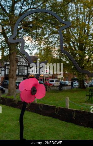 Beaconsfield, Buckinghamshire, UK. 11th November, 2022. Memorial wreaths and crosses laid at the War Memorial in Beaconsfield for Remembrance Day and Remembrance Sunday. Credit: Maureen McLean/Alamy Live News Stock Photo