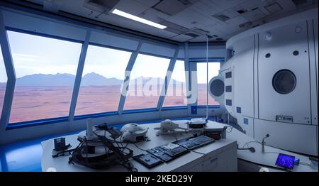 research station on planet Mars, habitat room looking out to the martian landscape Stock Photo