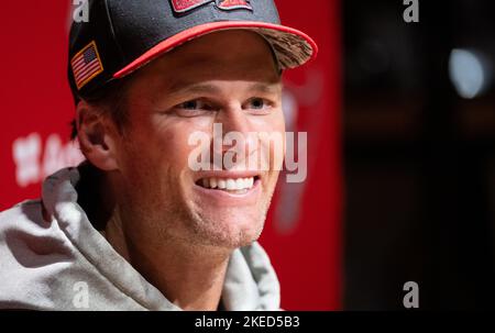 Munich, Germany. 11th Nov, 2022. American Football, NFL, Tampa Bay Buccaneers - Seattle Seahawks, Matchday 10, Allianz Arena: Practice Tampa Bay Buccaneers. Tom Brady takes part in a press conference after practice. On Nov. 13, 2022, an NFL game will take place in Germany for the first time. The Tampa Bay Buccaneers meet the Seattle Seahawks at the Allianz Arena. Credit: Sven Hoppe/dpa/Alamy Live News Stock Photo