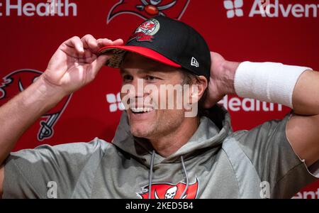 Munich, Germany. 11th Nov, 2022. American Football, NFL, Tampa Bay Buccaneers - Seattle Seahawks, Matchday 10, Allianz Arena: Practice Tampa Bay Buccaneers. Tom Brady takes part in a press conference after practice. On Nov. 13, 2022, an NFL game will take place in Germany for the first time. The Tampa Bay Buccaneers meet the Seattle Seahawks at the Allianz Arena. Credit: Sven Hoppe/dpa/Alamy Live News Stock Photo