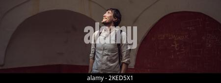 Man, tourist in Ancient Turkish bath in the old town bar BANNER, LONG FORMAT Stock Photo