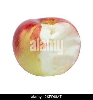 ripe bitten apple isolated on white background, top view, organic fruits Stock Photo