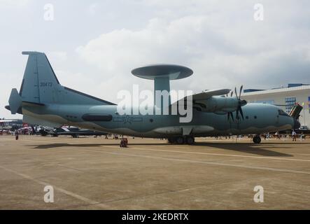 ZHUHAI, CHINA - NOVEMBER 10, 2022 - An air-Police-500A early warning and control aircraft with air oil receiving capability is seen at the Airshow Chi Stock Photo