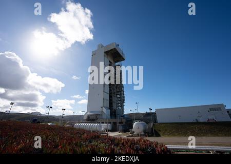 Nov 10, 2022; Lompoc, CA, USA;  A general view of the Mobile Service Tower (MST) housing the United Launch Alliance (ULA) Atlas V rocket.  The rocket Stock Photo