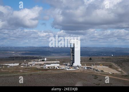 Nov 10, 2022; Lompoc, CA, USA;  A general view of the Mobile Service Tower (MST) housing the United Launch Alliance (ULA) Atlas V rocket.  The rocket Stock Photo