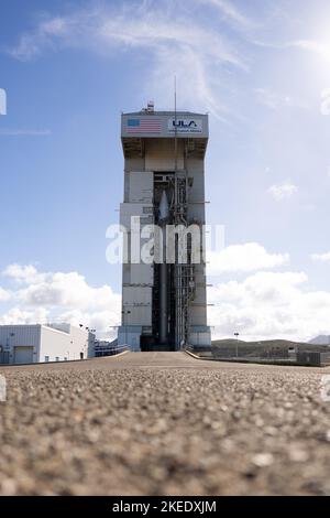 Nov 10, 2022; Lompoc, CA, USA;  A general view of the Mobile Service Tower (MST) housing the United Launch Alliance (ULA) Atlas V rocket.  The rocket Stock Photo