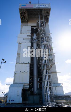 Nov 10, 2022; Lompoc, CA, USA;  A general view of the Mobile Service Tower (MST) housing the United Launch Alliance (ULA) Atlas V rocket.  The rocket Stock Photo