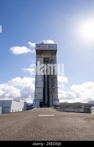 Nov 10, 2022; Lompoc, CA, USA;  A general view of the Mobile Service Tower (MST) housing the United Launch Alliance (ULA) Atlas V rocket.  The rocket Stock Photo