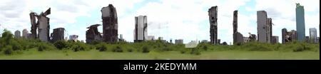 post-apocalyptic skyline, ruined skyscrapers, tall overgrown buildings isolated on white background Stock Photo