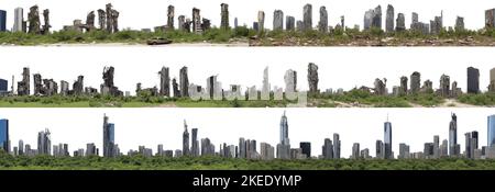 post-apocalyptic skyline, ruined skyscrapers, tall overgrown buildings isolated on white background Stock Photo