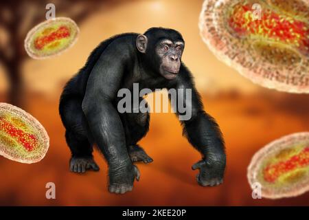 Virus particles around chimpanzee, illustration Stock Photo
