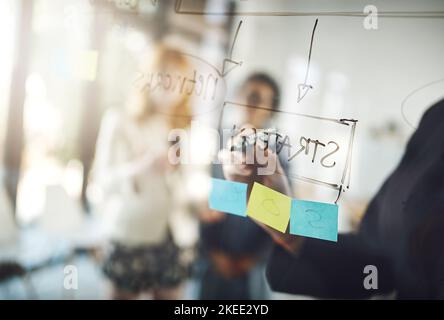 Putting her ideas into focus. three businesswoman using a glass wipe board during a brainstorming session. Stock Photo