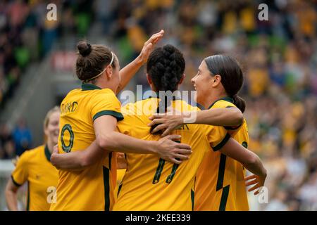 Melbourne, Australia. 12th Nov, 2022. Melbourne, Victoria, November 12th 2022: Caitlin Foord (9 Australia), Mary Fowler (11 Australia) and Sam Kerr (20 Australia) celebrate Australia's third goal during the international friendly game between Australia and Sweden at AAMI Park in Melbourne, Australia. (Noe Llamas/SPP) Credit: SPP Sport Press Photo. /Alamy Live News Stock Photo