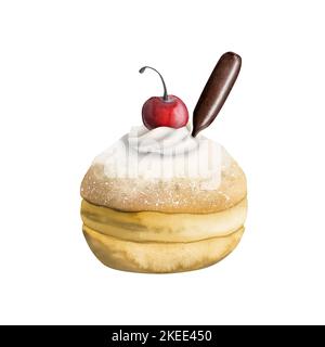 Hanukkah sufganiyah donut with powdered sugar topping, chocolate filling, cherry, whipped cream, isolated on white background, watercolor illustration Stock Photo