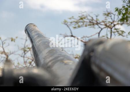 The barrel of the cannon aims to the blue sky Stock Photo