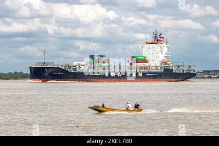 SAMUT PRAKAN, THAILAND, OCT 07 2022, The Container Ship CNC MARS loaded of containers entrance the Chao Phraya River Stock Photo