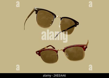 Folding Vintage Sunglasses on yellow background 3d render. Stock Photo