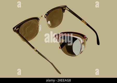 Folding Vintage Sunglasses on yellow background 3d render. Stock Photo