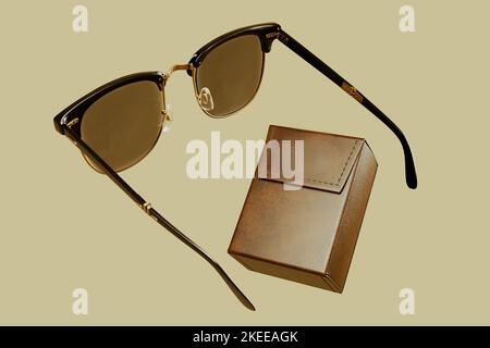 Folding Vintage Sunglasses with Leather Case 3d render. Stock Photo