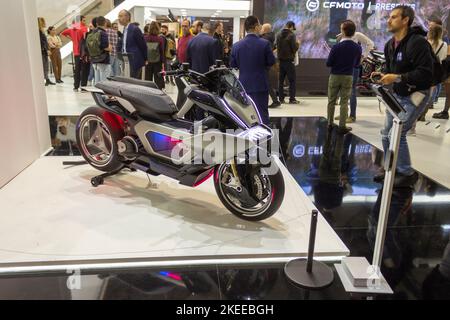 Motorbike and accessories exposed at EICMA, international motorcycle exhibition on NOVEMBER 2022, Milan, Lombardy Stock Photo