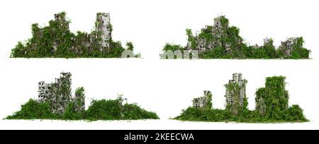 lush overgrown buildings, collection of post-apocalyptic cityscapes isolated on white background Stock Photo