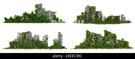 lush overgrown buildings, collection of post-apocalyptic cityscapes isolated on white background Stock Photo