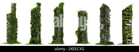 set of ruined overgrown skyscrapers, tall post-apocalyptic buildings isolated on white background Stock Photo